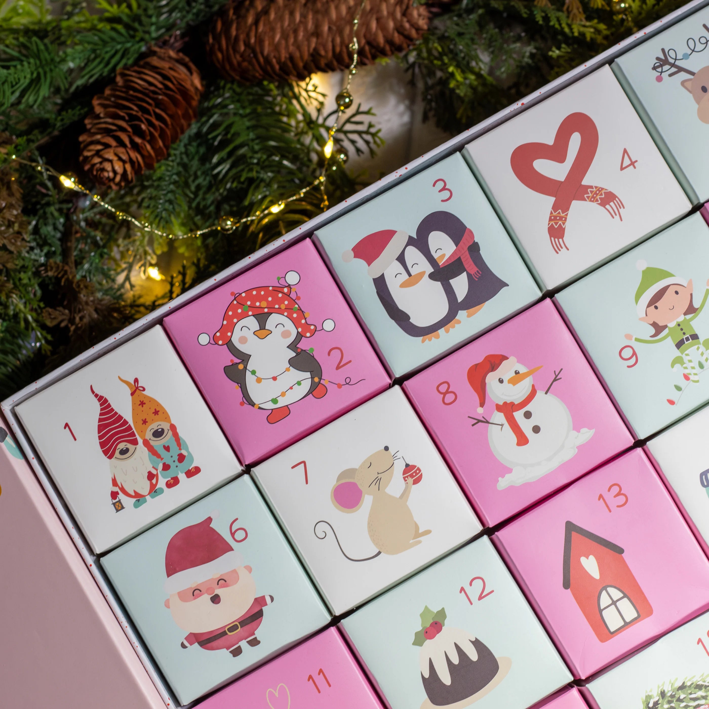advent calendar with cartoon characters and numbers on a Christmas-themed background