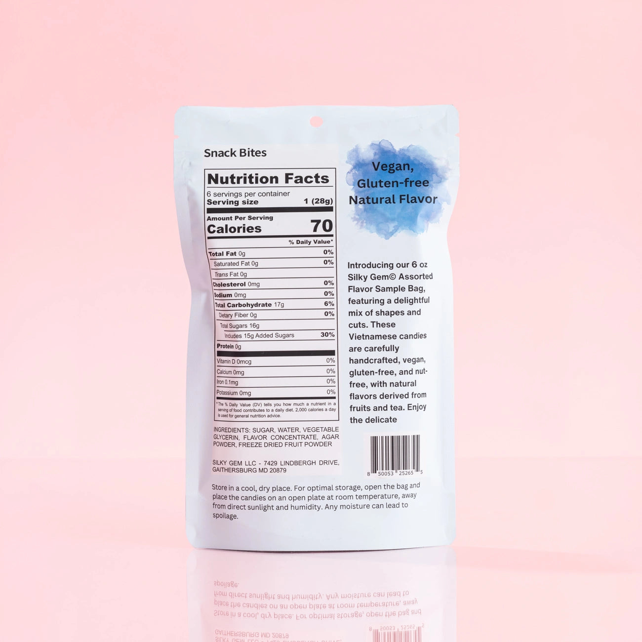 Silky Gem® Sour Bites nutritional facts label, featuring ingredient details and dietary information on a soft pink gradient background.