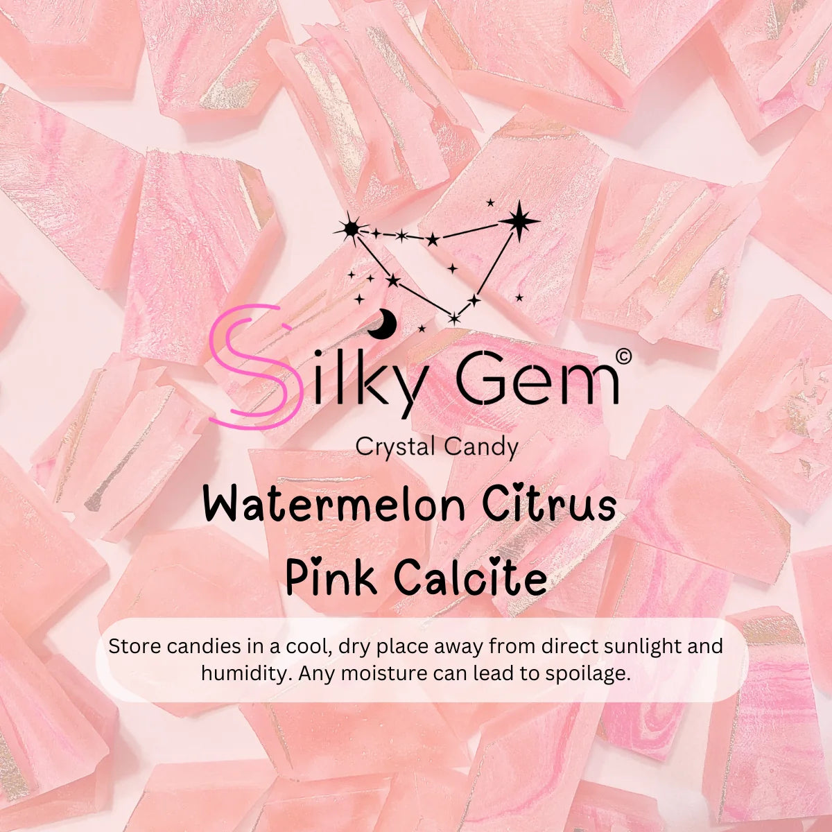Silky Gem crystal candy packaging with pink calcite crystals on a pink background