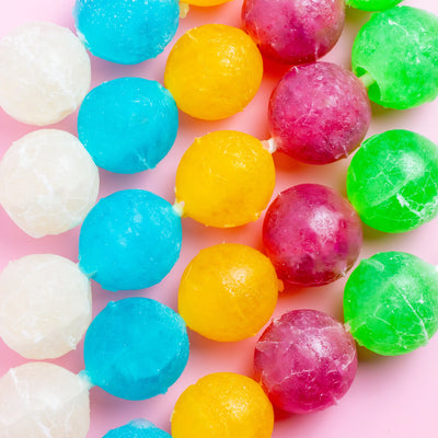 Colorful crystal candies from a Silky Gem Crystal Pop skewer