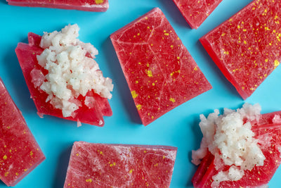 Red and white textured bars on a blue background