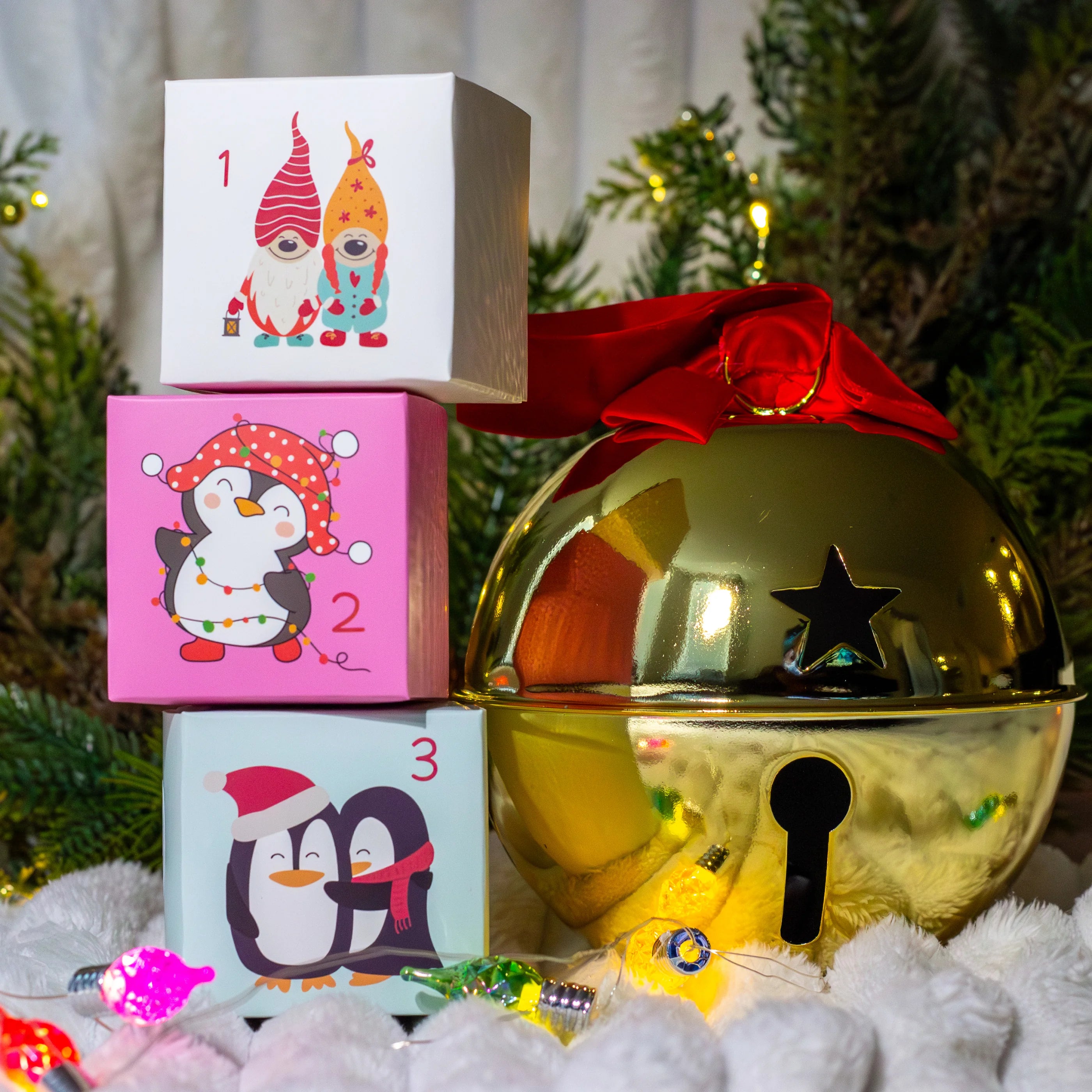 Decorative Christmas scene with gold bell, cartoon blocks, and festive background