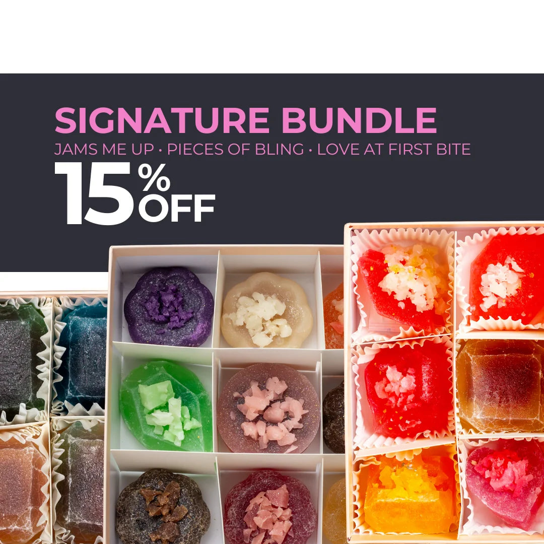 Promotional image of a candy bundle with colorful candies and a 15% off discount offer.